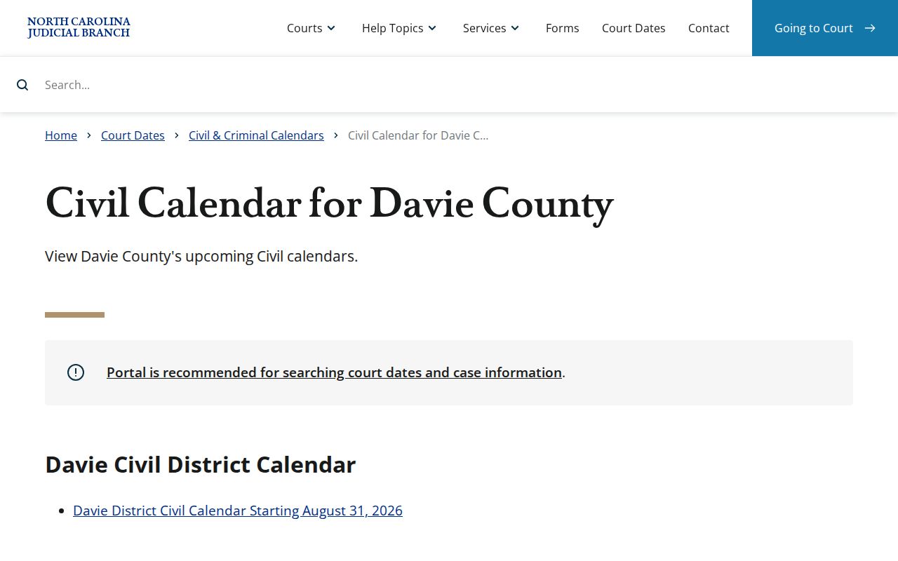Davie County civil court calendar search interface