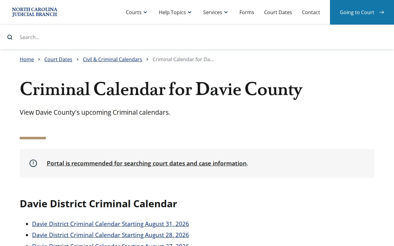 Davie County criminal court calendar interface