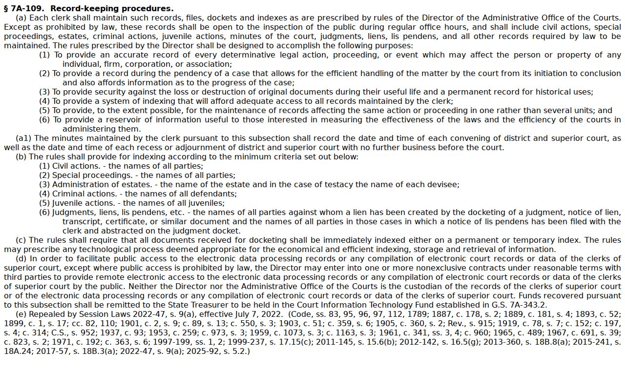 Davie County criminal docket clerk record access statute G.S. 7A-109