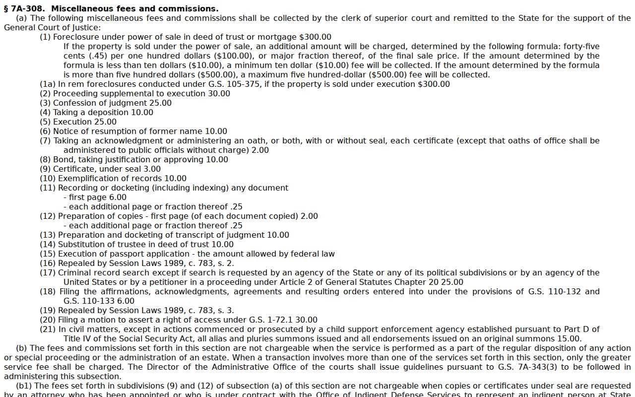 Davie County traffic court record clerk service fees statute G.S. 7A-308